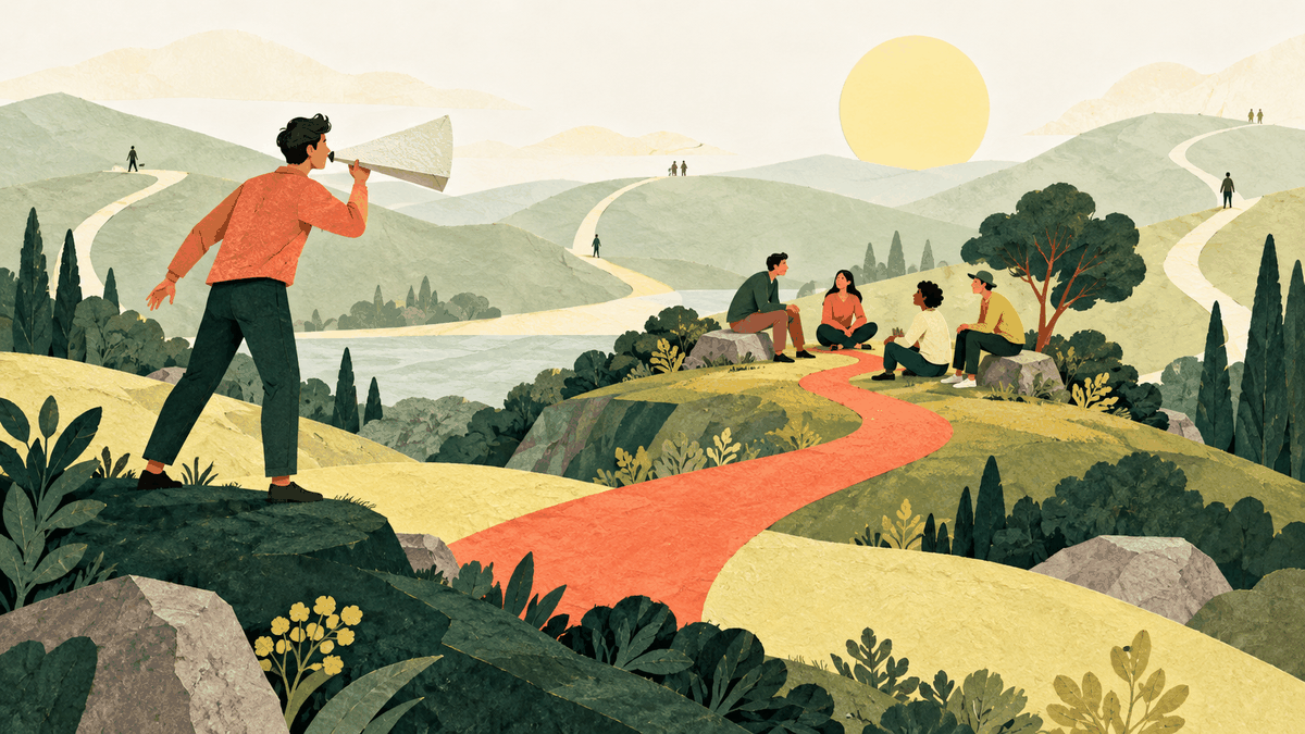 A founder uses a paper megaphone toward one small group, with a single coral path crossing a landscape of quieter alternatives.