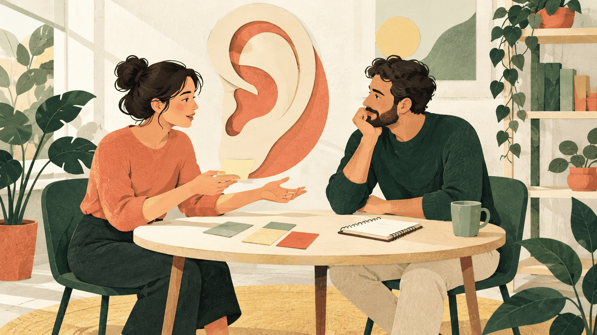 Two people discuss a recent work task at a table, with paper notes and a large listening motif behind them.