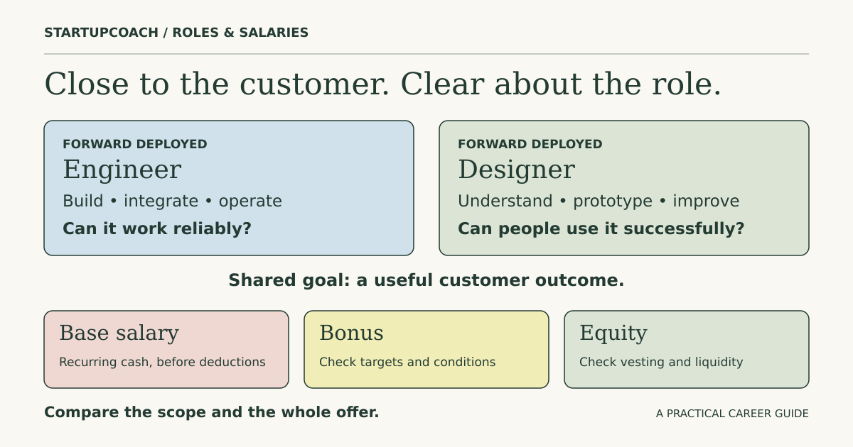 Forward deployed engineering and design meet around a useful customer outcome; compare guaranteed base pay, conditional bonus, and equity separately.