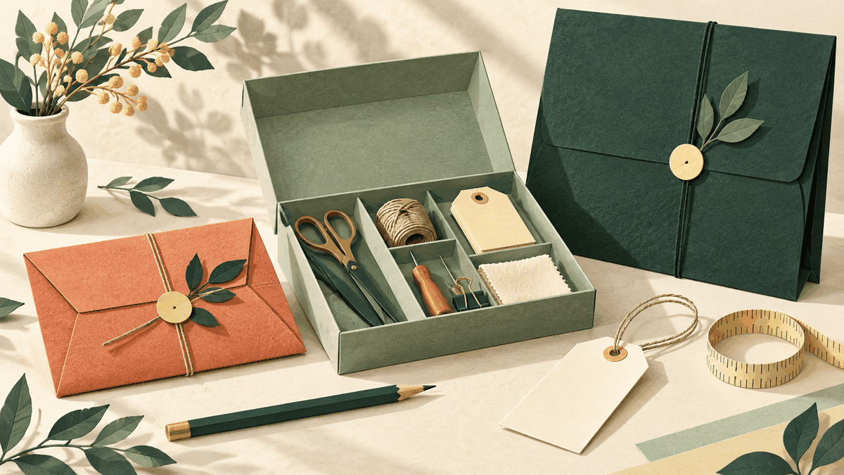 Three thoughtfully packaged offers, a blank price tag, and a measuring tape arranged on a warm paper worktable.