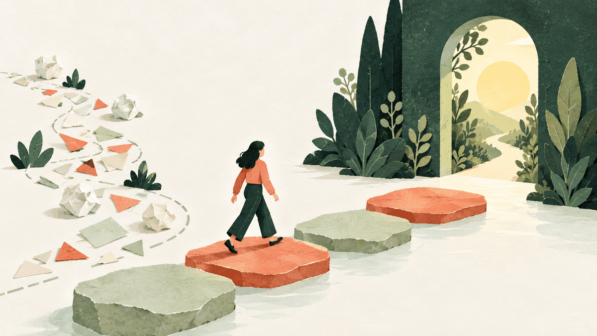 A person follows a few broad stepping stones toward a welcoming green doorway, leaving a tangled paper detour behind.