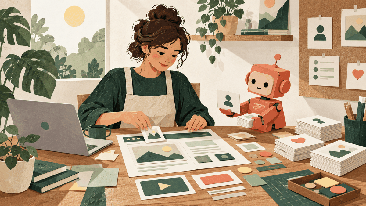A founder assembles a service at a paper-filled workbench while a small coral robot helps organize customer request cards.